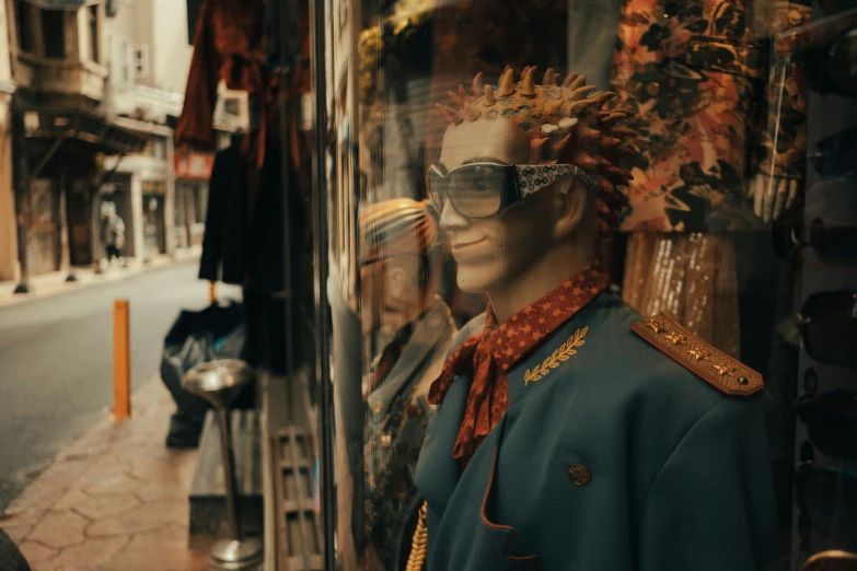 a display in a shopfront window that has a man's head in his display