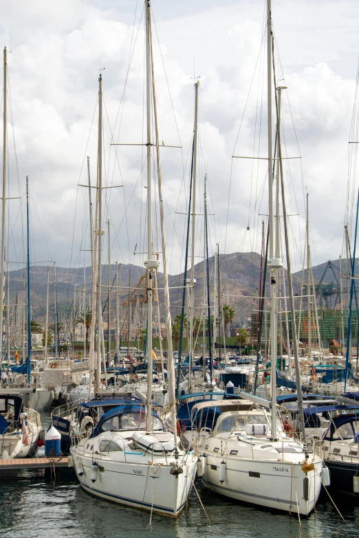 many sailboats docked in the harbor under cloudy skies