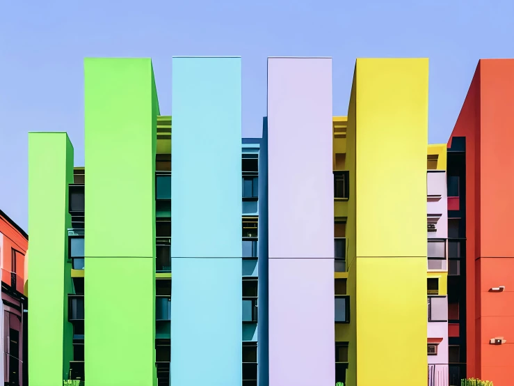 multi colored building stands out against the blue sky