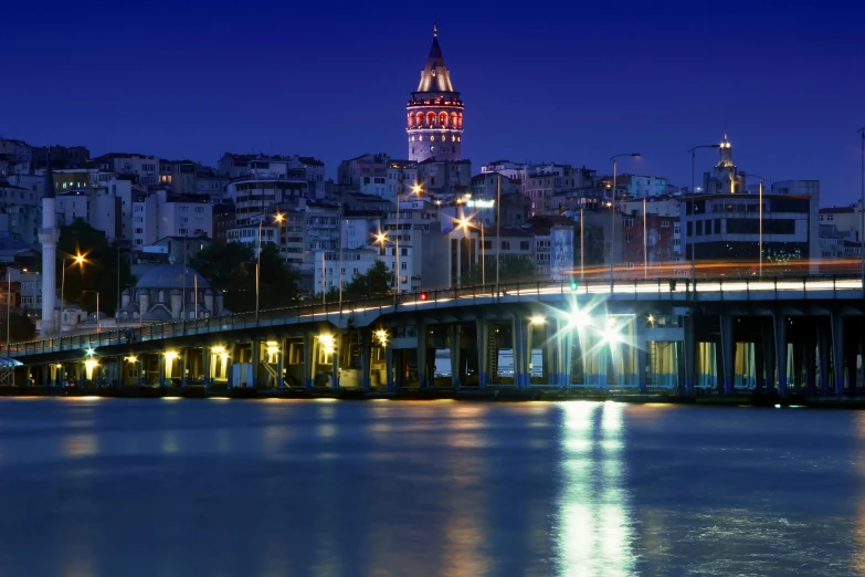 a bridge crosses over a lake near tall buildings