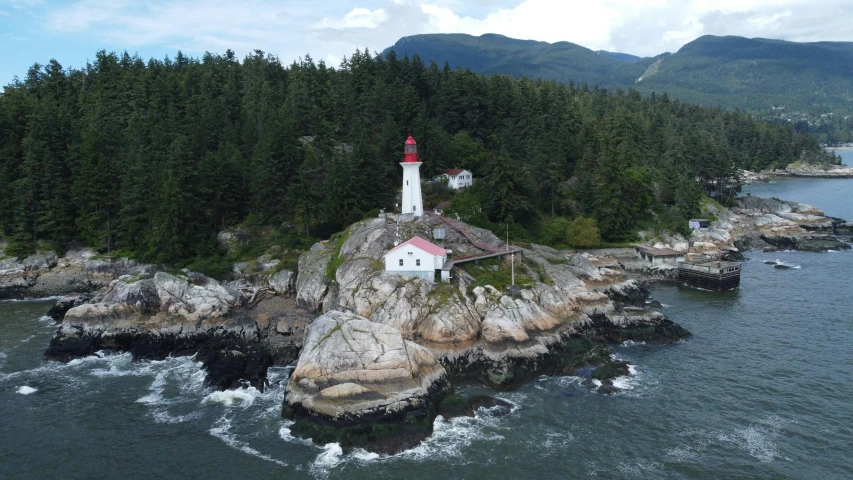 a small lighthouse is surrounded by trees and waves