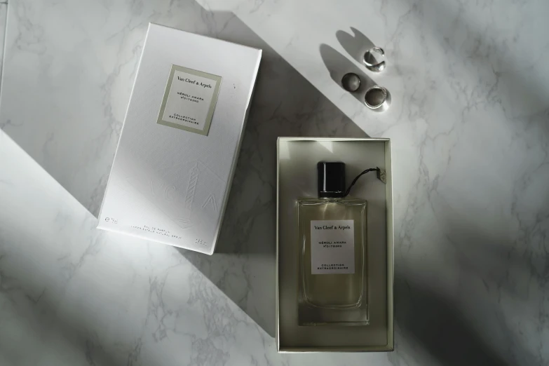 an empty white and grey box is next to the packaging for the cologne