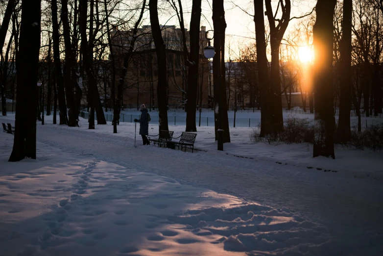 the sun setting behind a building with trees