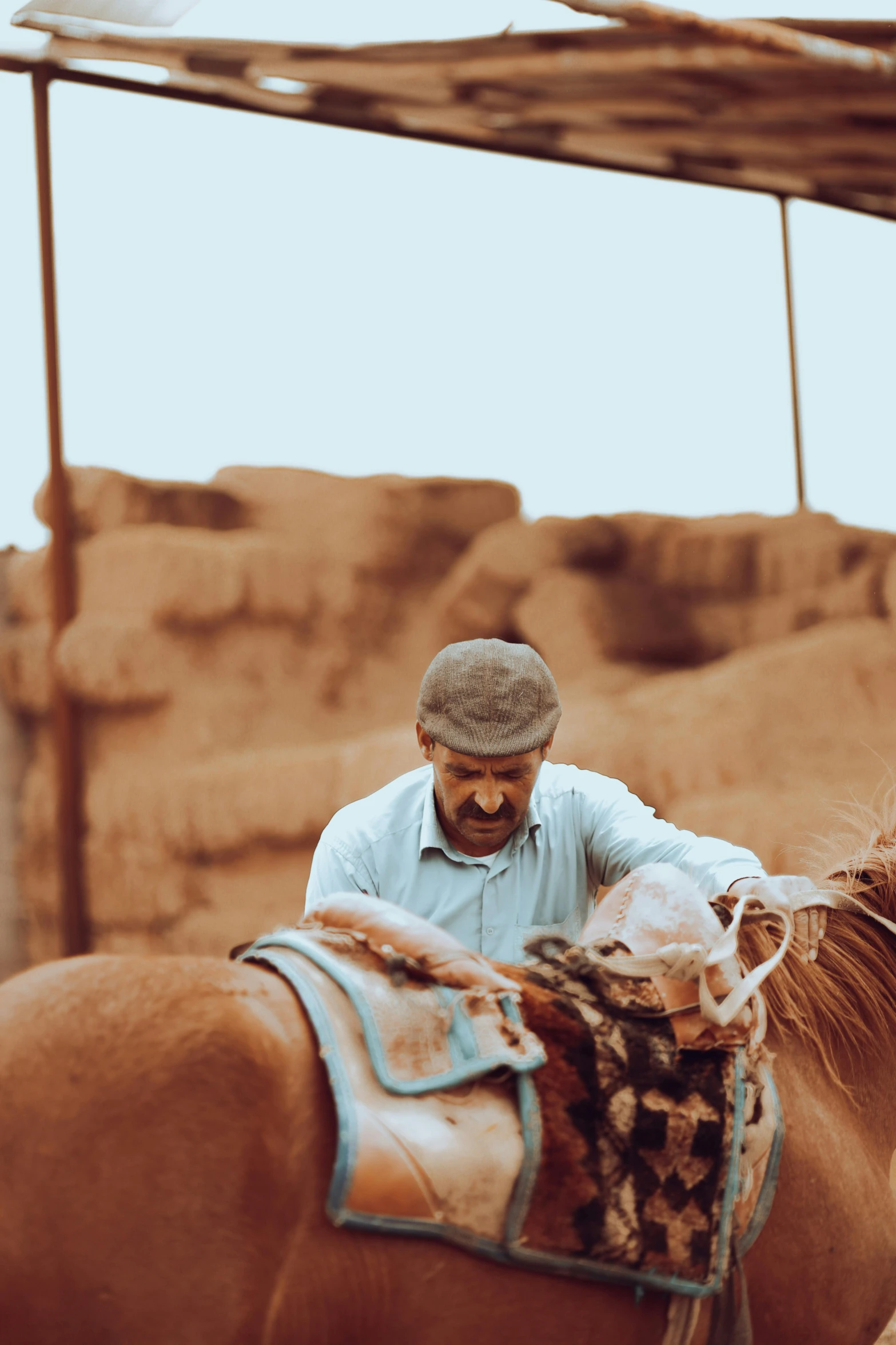 a man petting a horse while standing next to a field