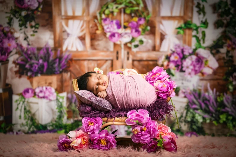 an african american baby wearing a pink wrap on a floral chair