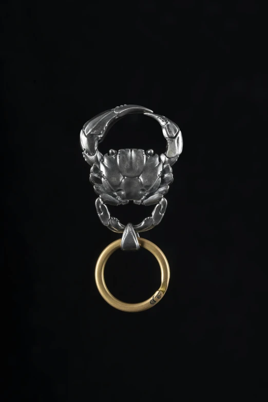a black background with a metal ring holding a silver object
