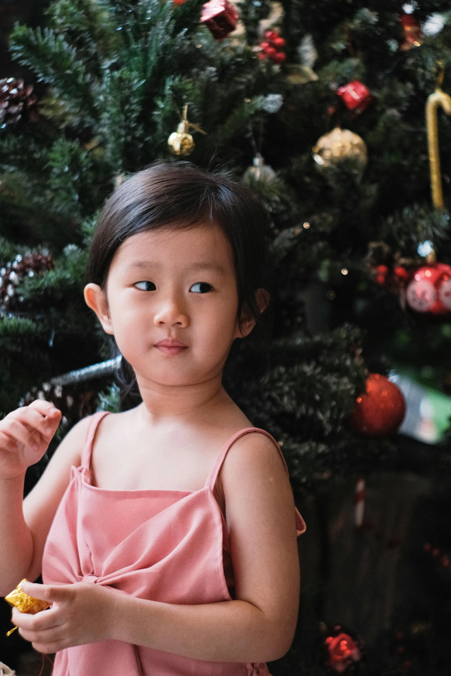 a young child eating a piece of fruit near a christmas tree