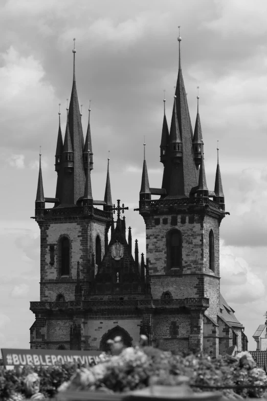 the front view of a church with many spires