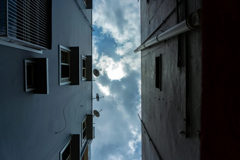 looking up at two buildings on a cloudy day