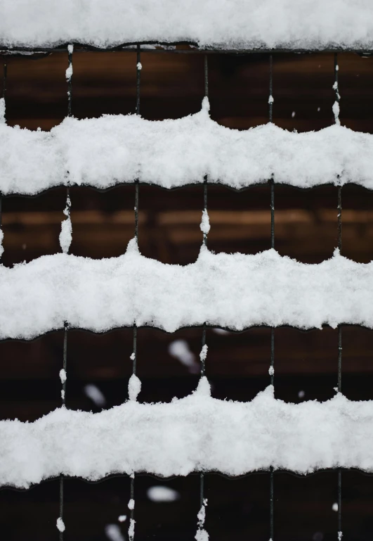 snow covers the fence in front of a building