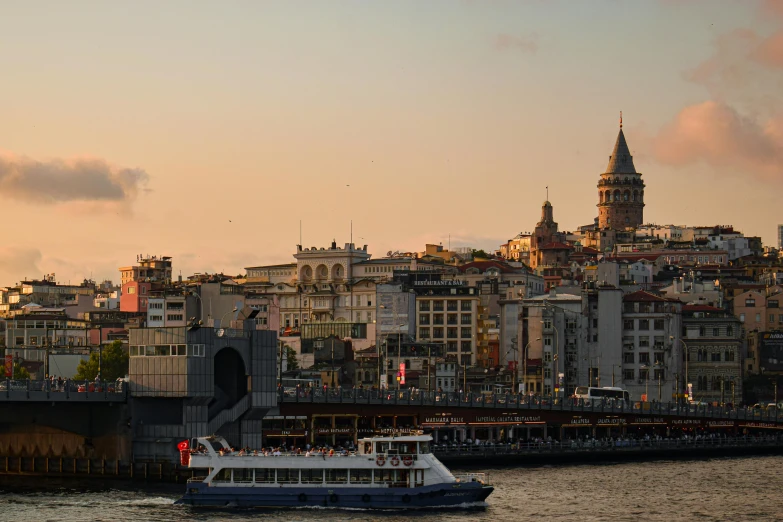 a passenger ferry traveling through an inner city