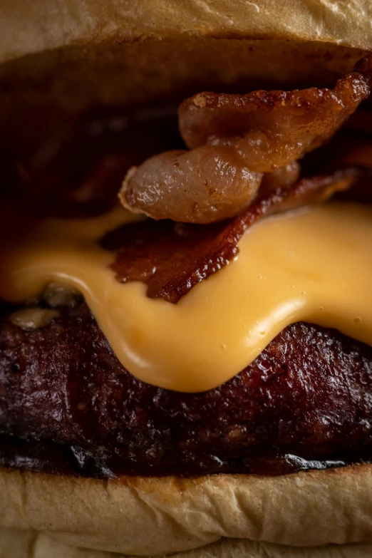 cheese and bacon sitting on top of a burger