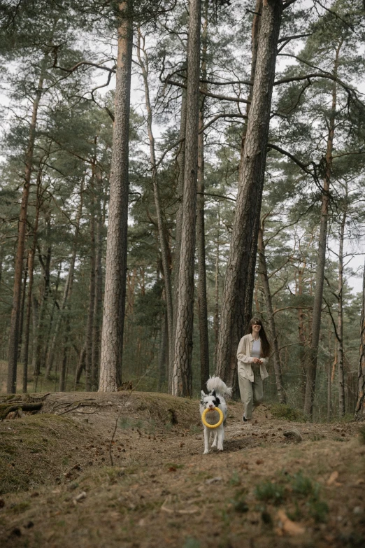 there is a man holding a frisbee with a dog