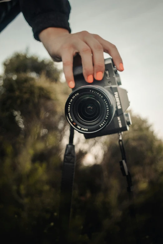 a close up of a person holding a camera