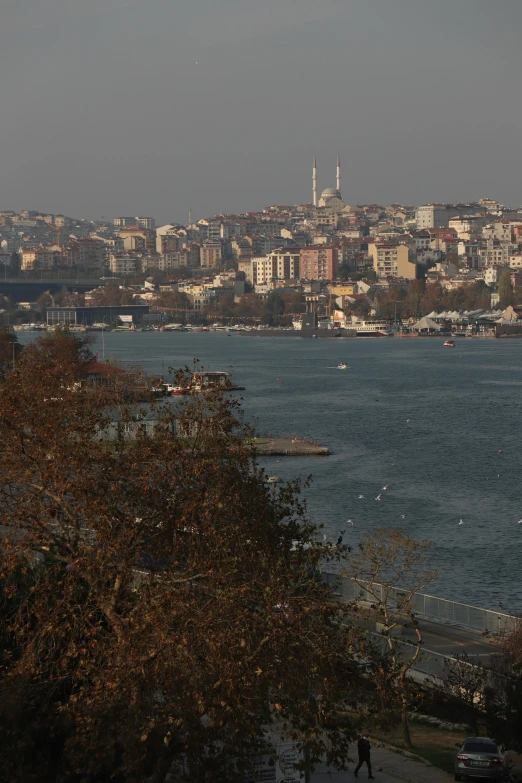 city skyline seen from across the lake, with ferry passing by