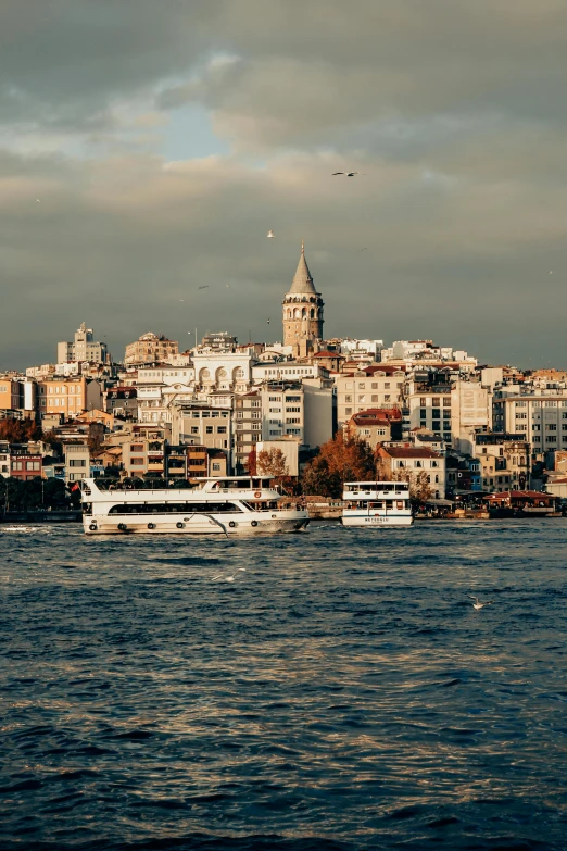 several boats on a river in front of a city