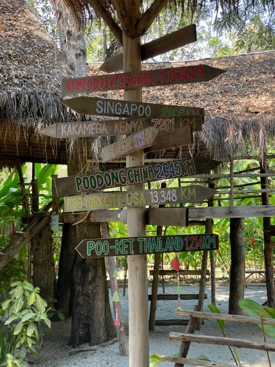 many street signs are lined up near a hut