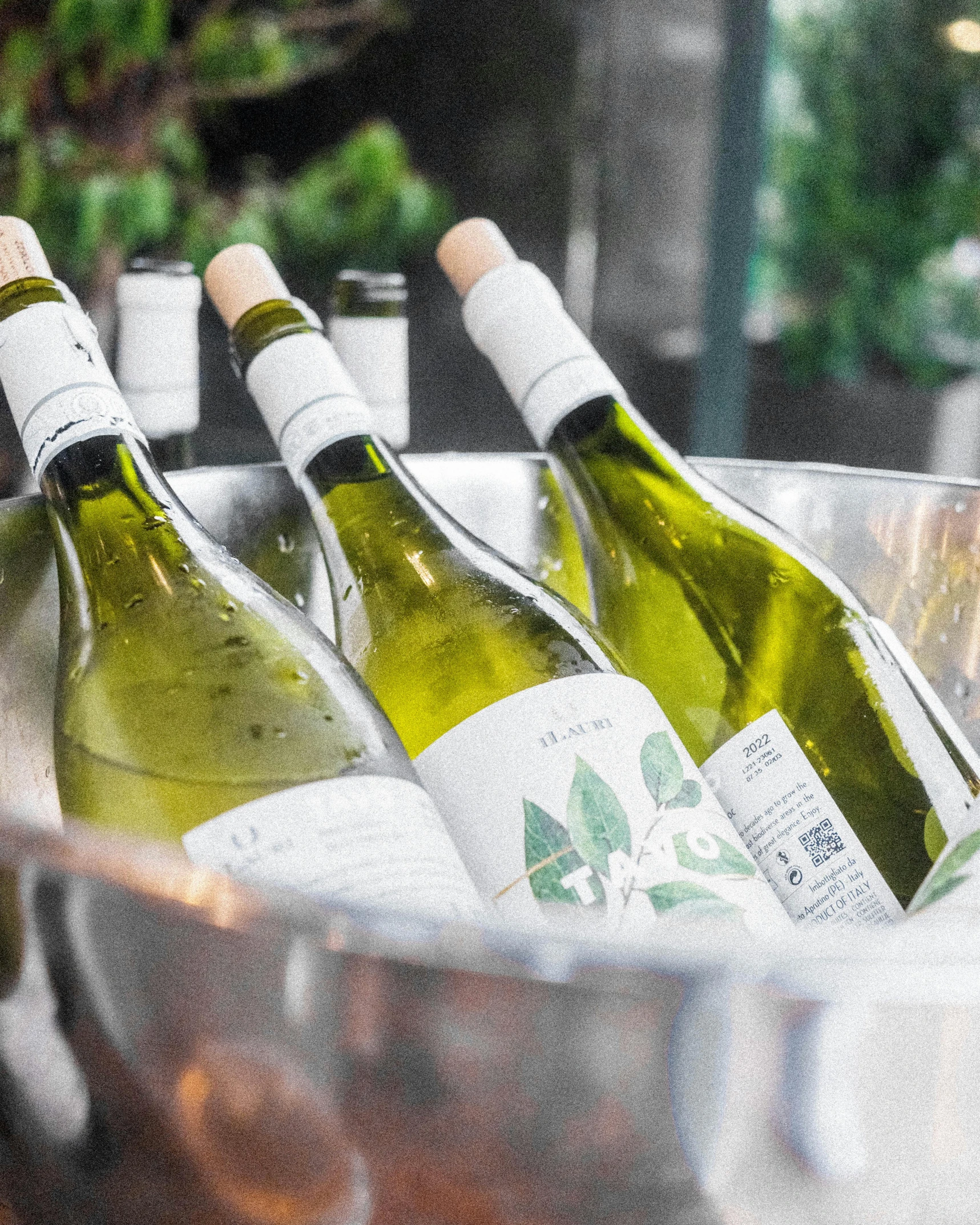 bottles of wine in metal bucket next to glass