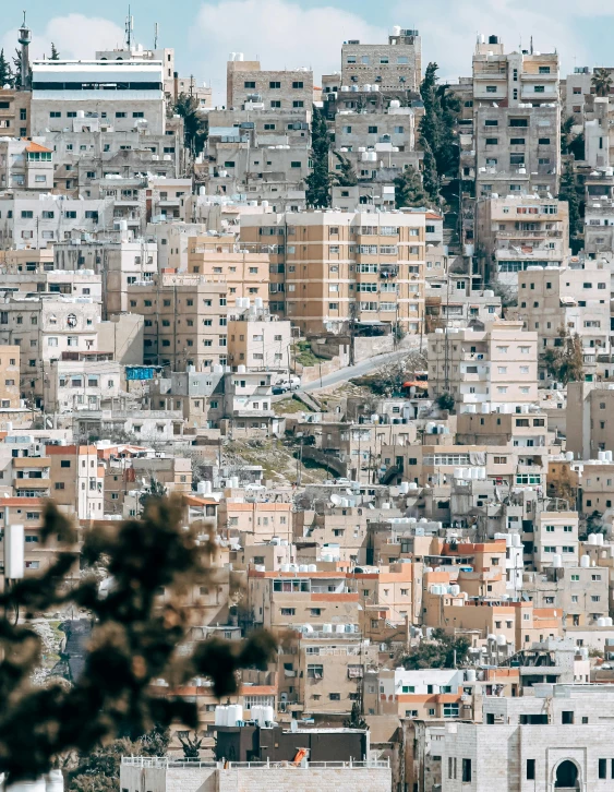 many buildings and some trees on the ground