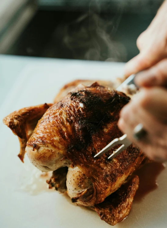 a person using a food cutter to cut a chicken