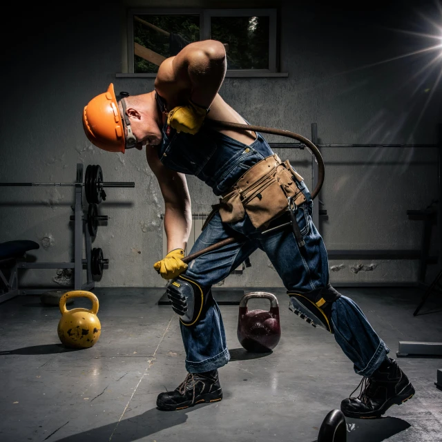 a construction worker in blue jeans and a helmet leans over as he squats on one foot in front of a kettle with its mouth open