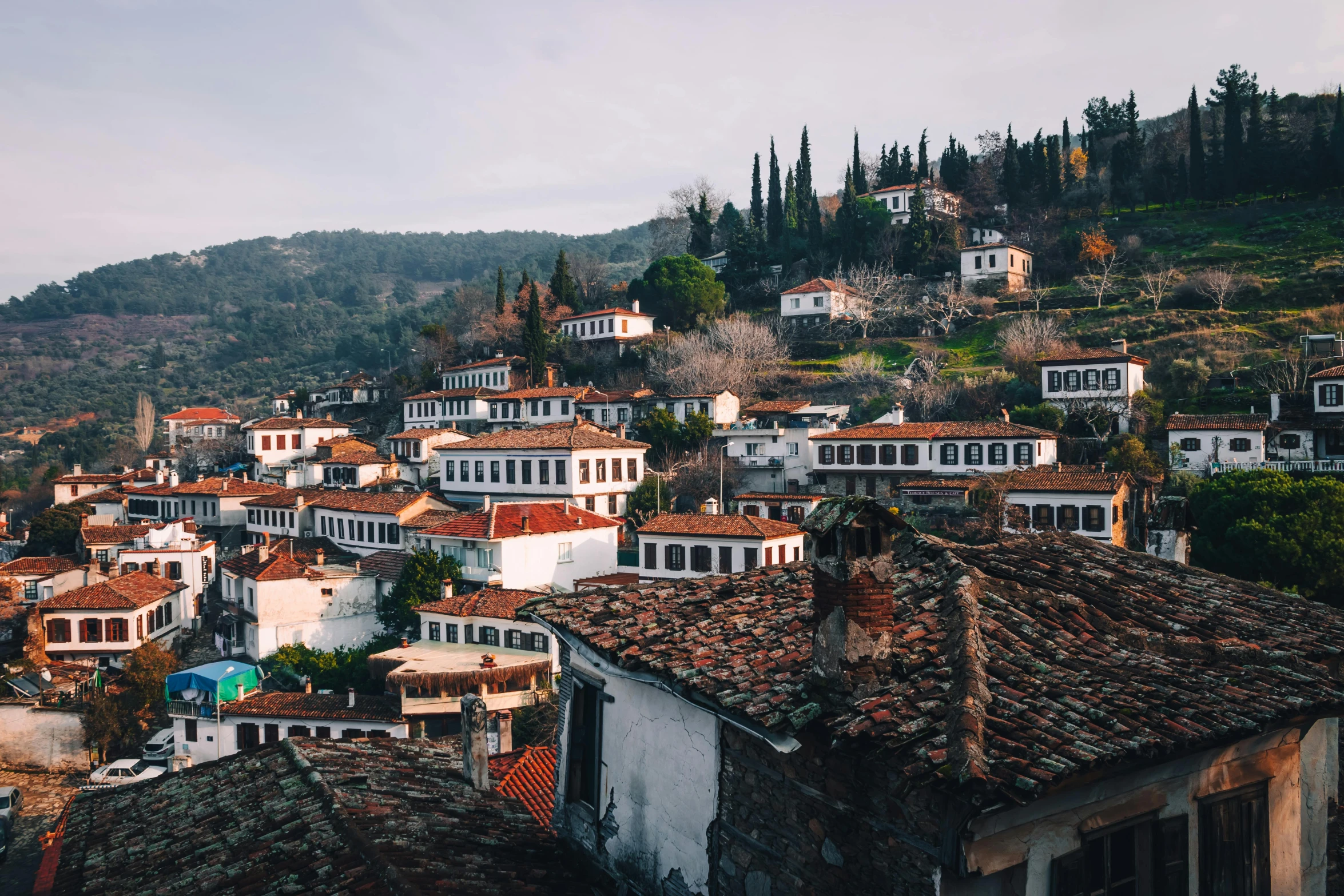 several large white houses on a hill side with mountains in the background