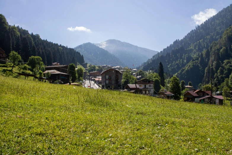 some houses are standing on a hillside in the mountains