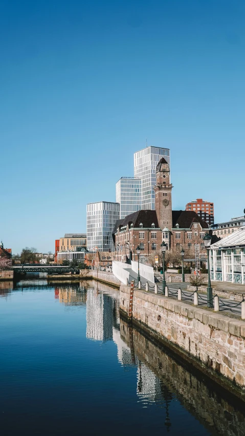 city of an industrial district is reflected in a body of water