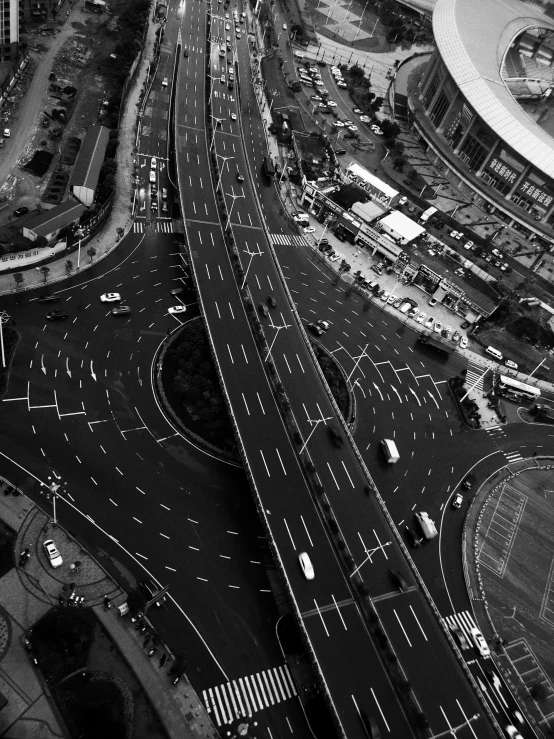 an aerial view of a city intersection taken from the air