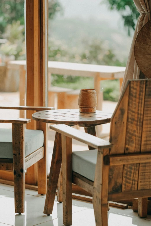 a table and chairs are in a patio outside