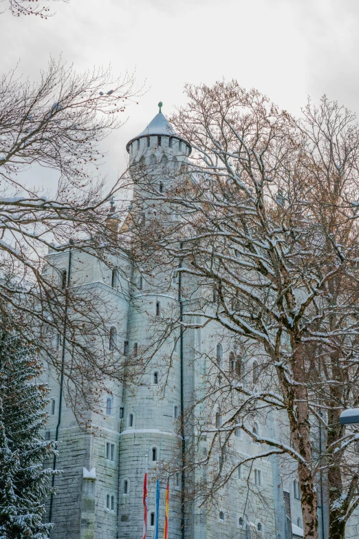 snow covering the ground around the large building