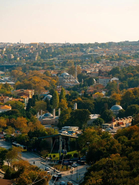 an aerial view of a city, the road is empty and is surrounded by trees