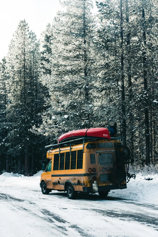 a yellow school bus parked near some trees in the snow