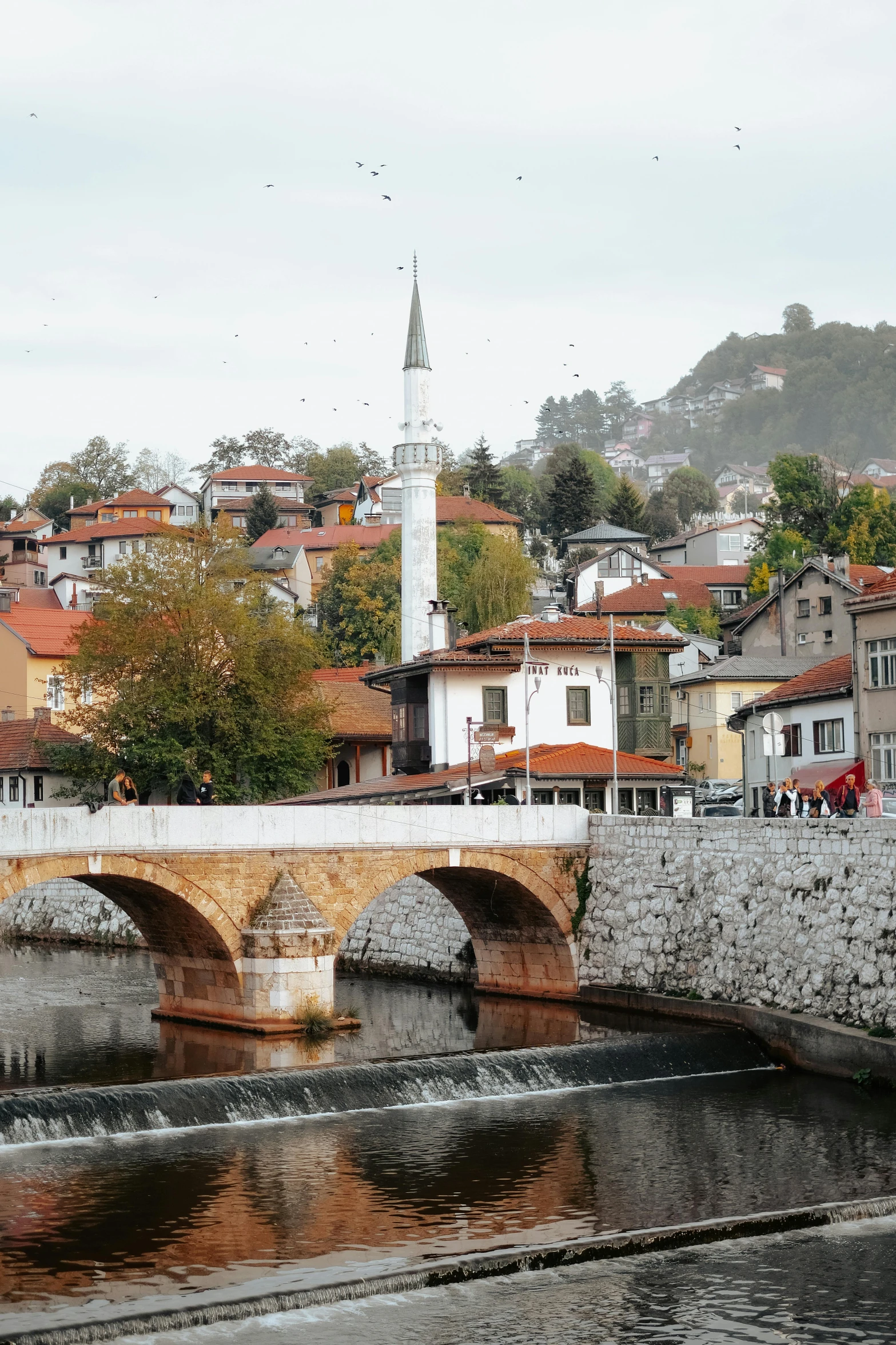 an old bridge and village are in the background