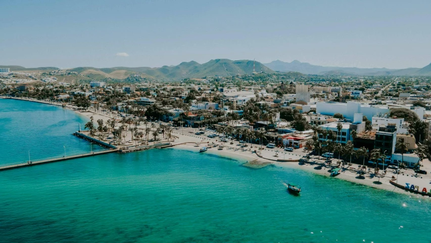 a large city by the sea with palm trees