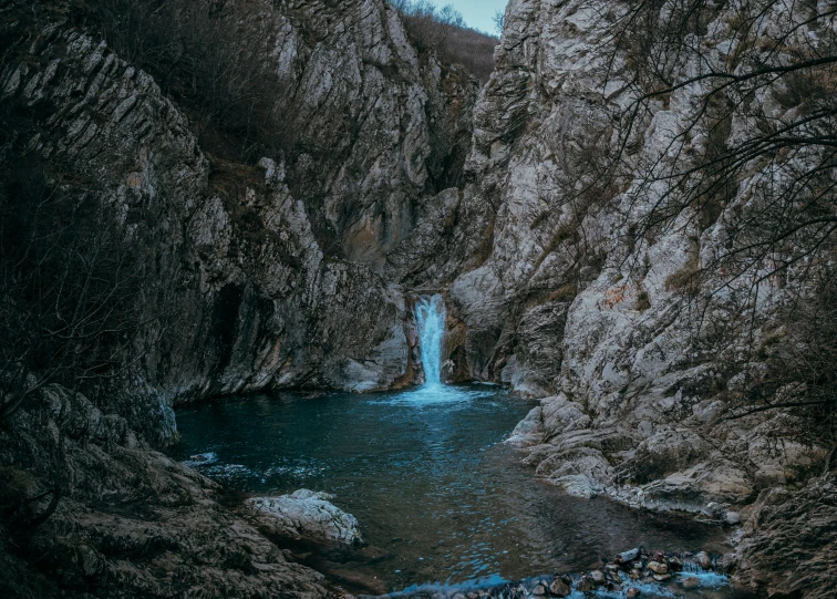 a stream in a mountain with trees around