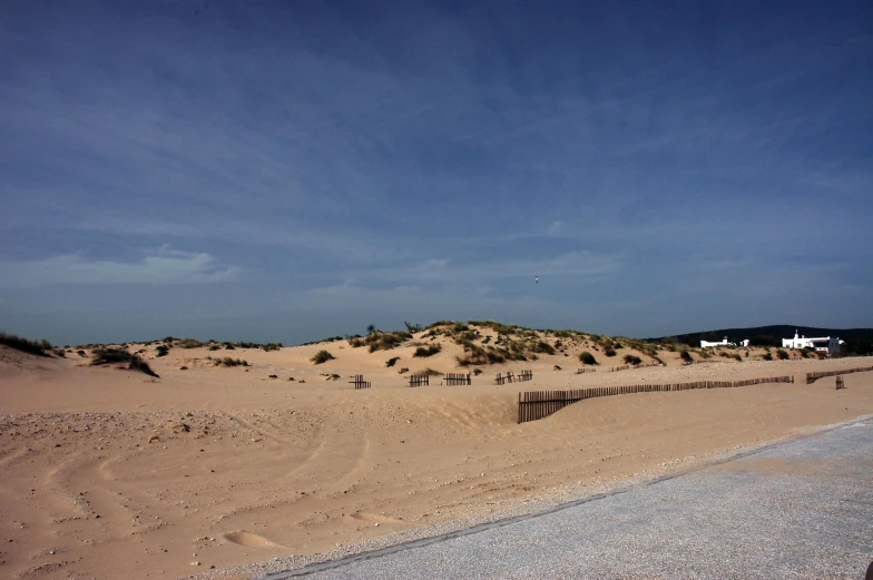 there is an area with many sand dunes and small buildings