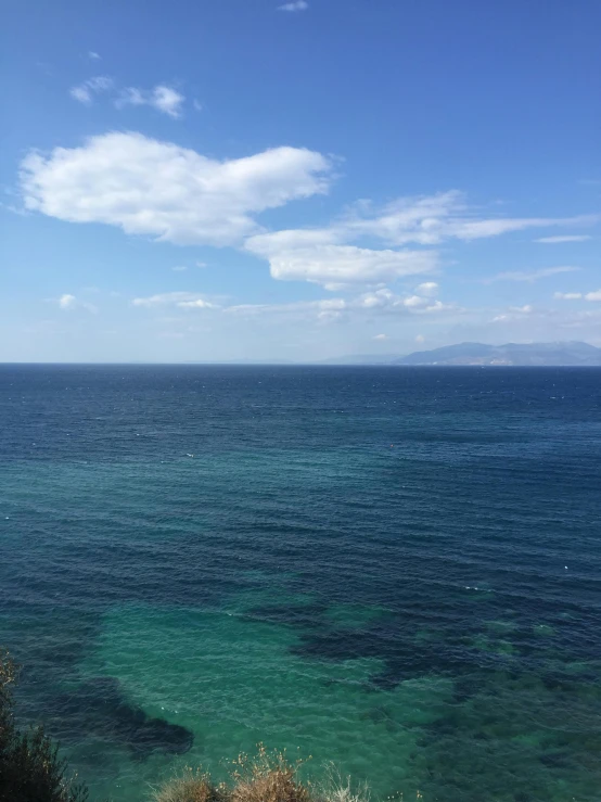 a cliff face of water is clear and blue with some green plants