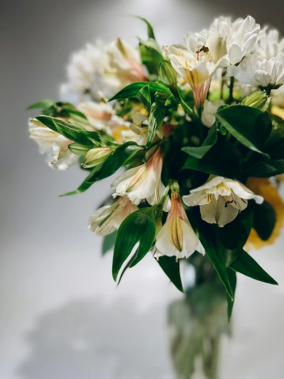 the flower arrangement in this vase is a combination of white and yellow