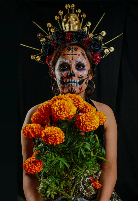 a woman wearing makeup with a large bouquet of flowers