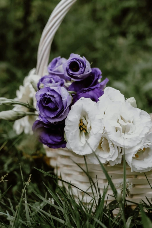 a purple and white basket of flowers is in the grass