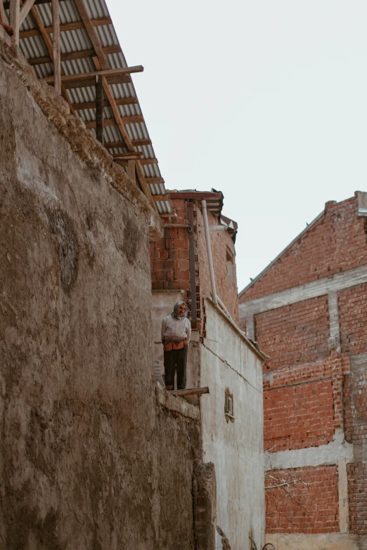 a person in a ladder on a brick building