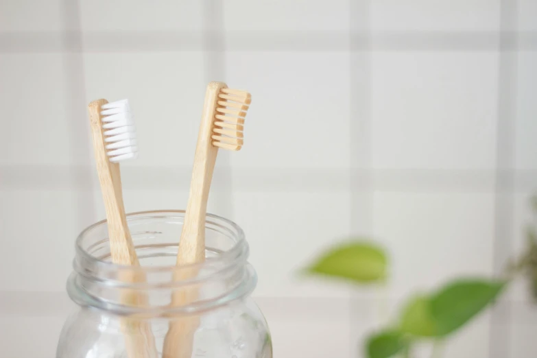 two wooden toothbrushes placed in front of the jar of water
