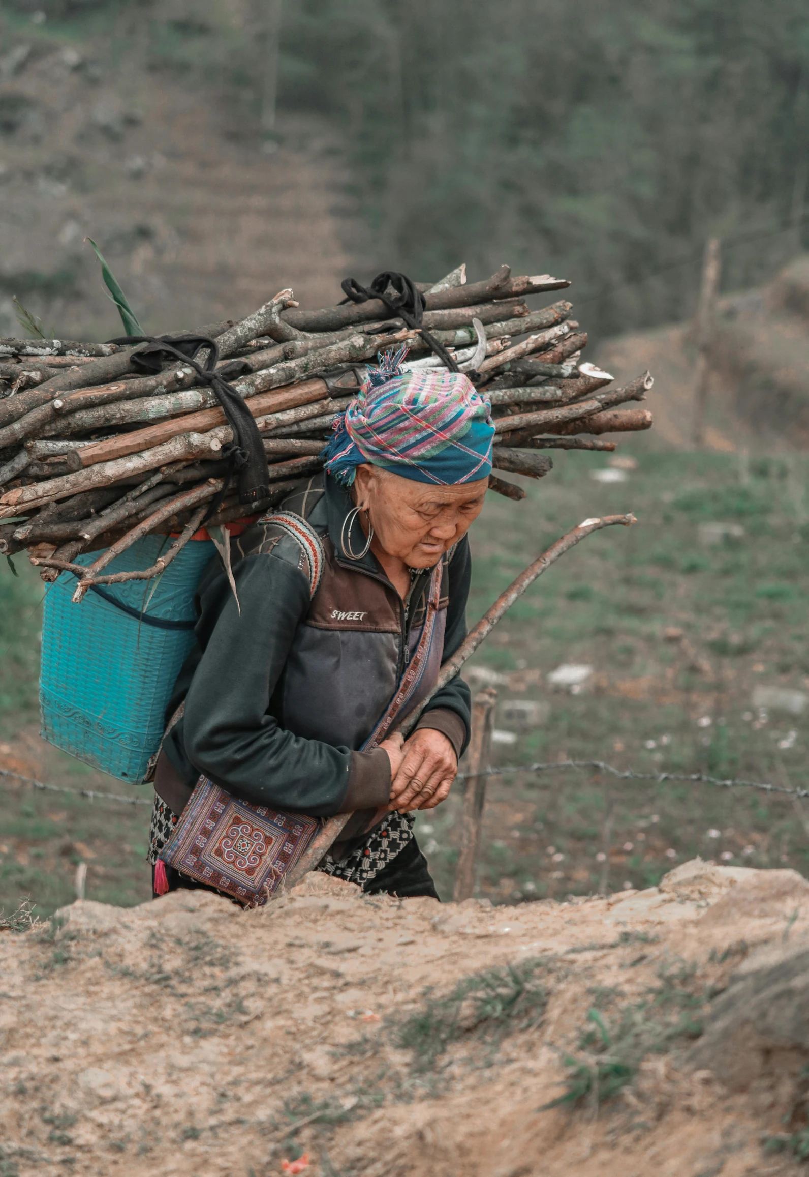 a woman carrying sticks across a mountain field