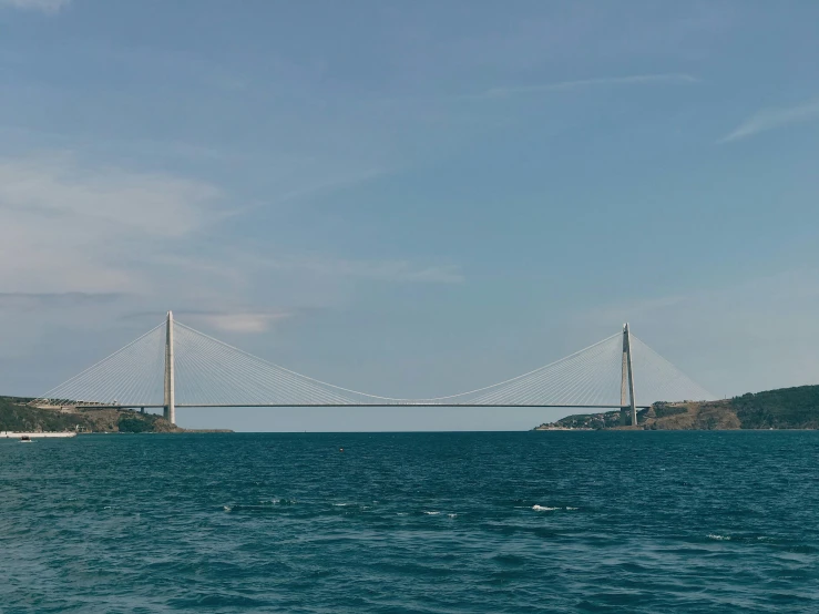 a large long bridge over a wide blue lake