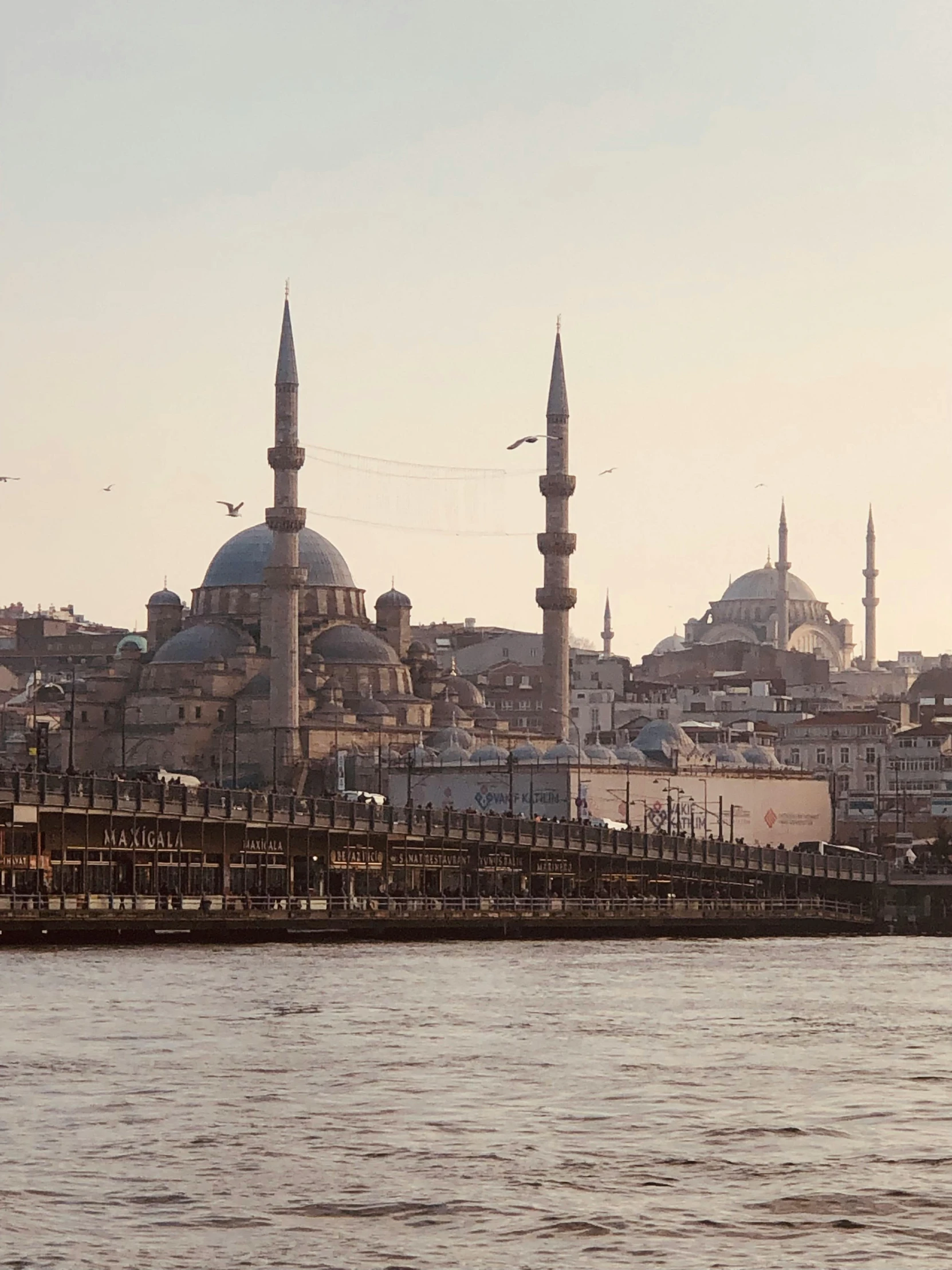 a po taken of some water with several mosques in the background