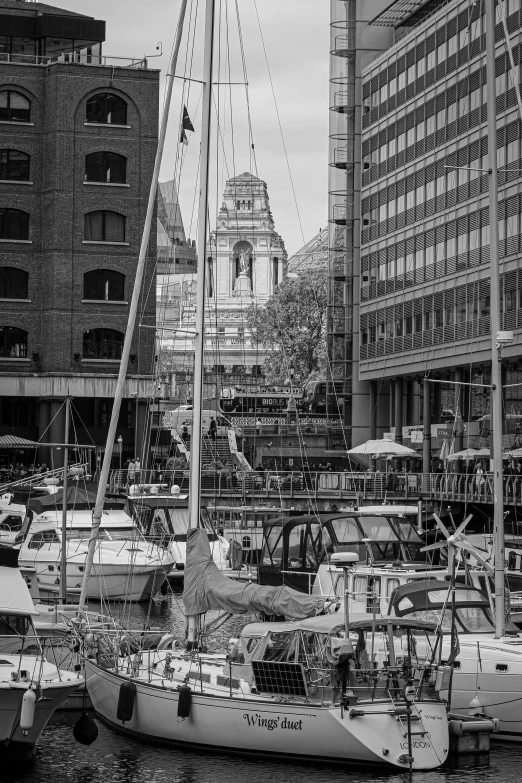 a black and white picture shows sailboats docked