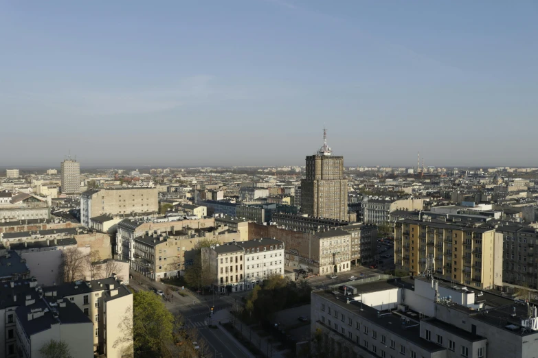 this is a view of a city with high rises and steeples