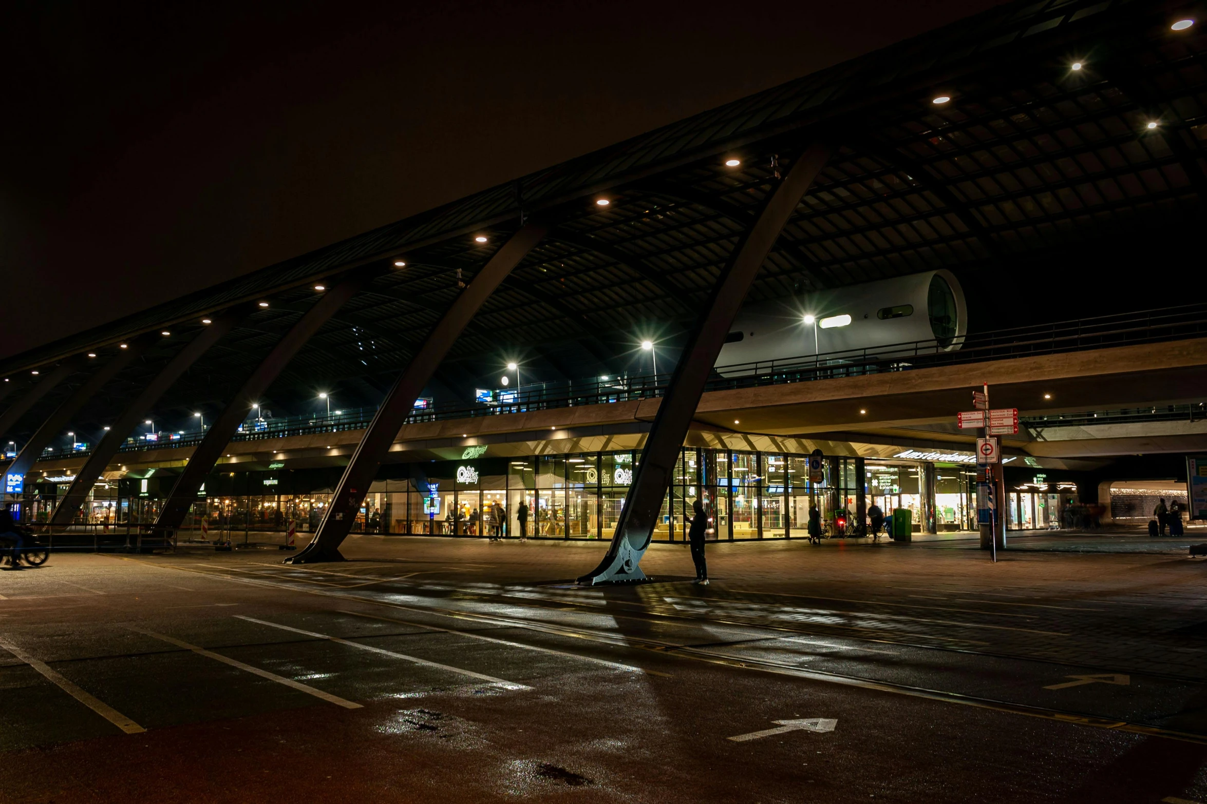 a lighted building has palm trees along the sides