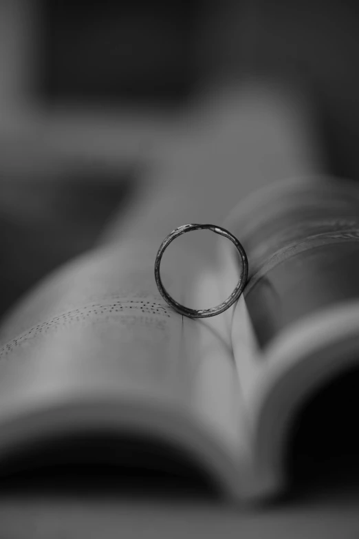 a thin, silver ring rests on an open book